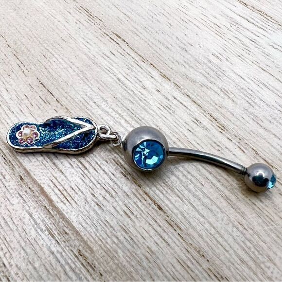 🍭4/$20 Blue glitter sandal flip flop flower jewel silver belly button ring - Picture 1 of 5